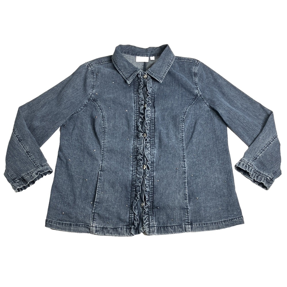 Quacker Factory Denim Shacket Top Women 1X Ruffle Rhinestone Studded Embellished